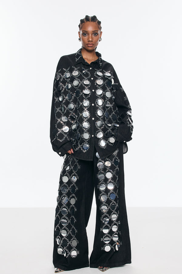 Black Denim Set with Mirror Embellishments