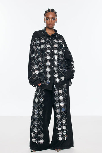 Black Denim Set with Mirror Embellishments