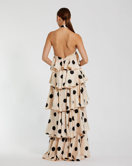 Beige Polka Dot Halter Neck Tiered Maxi Dress