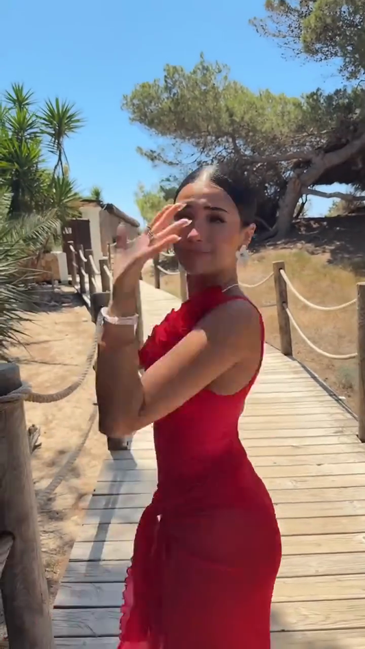 One - Shoulder Floral - Accent Red Maxi Dress