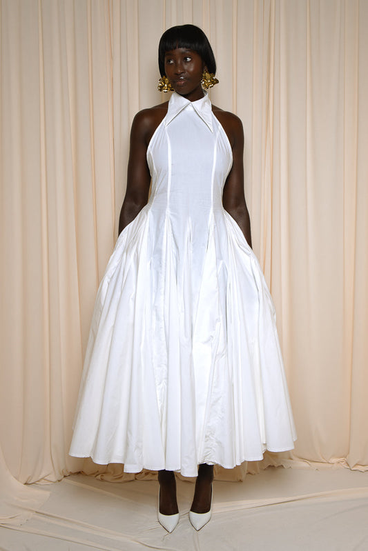 White Halter - neck Pleated Maxi Dress