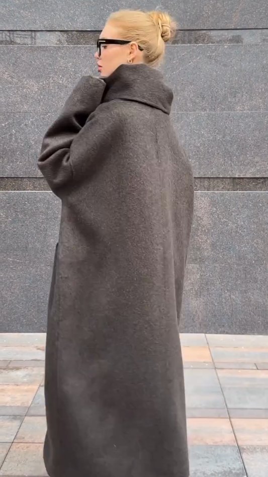 Oversized Wool Coat with Fringed Scarf