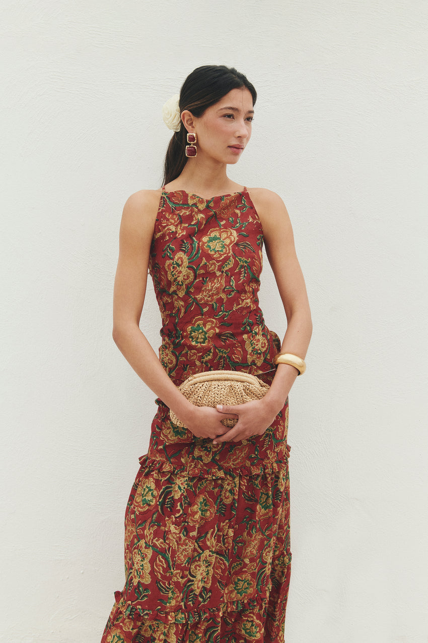 Red Floral - Print Halter Maxi Dress