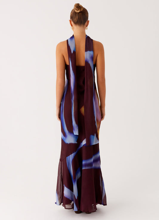 Burgundy Floral Print Halter Maxi Dress