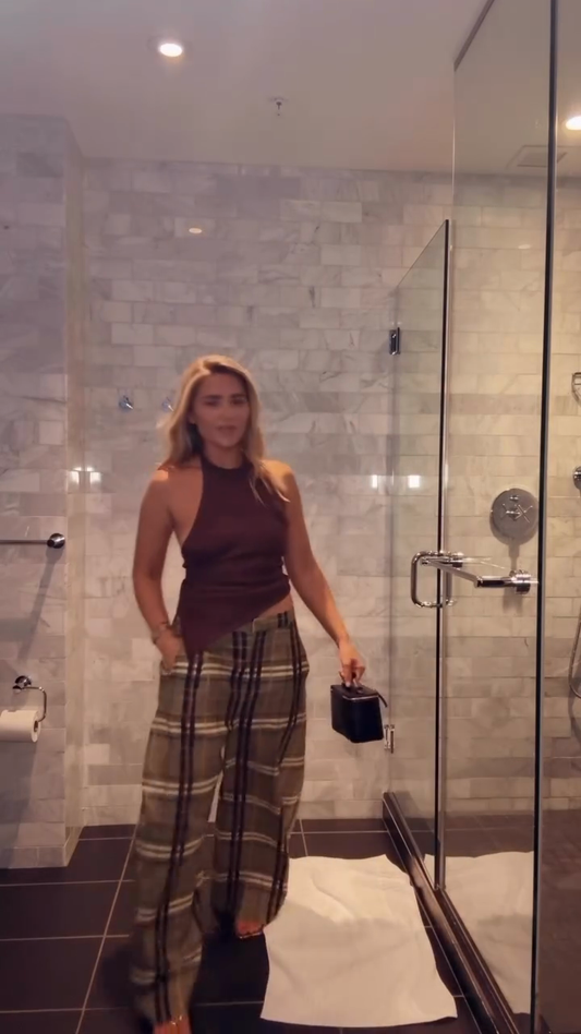 Brown Halter Top and Plaid Pants Set