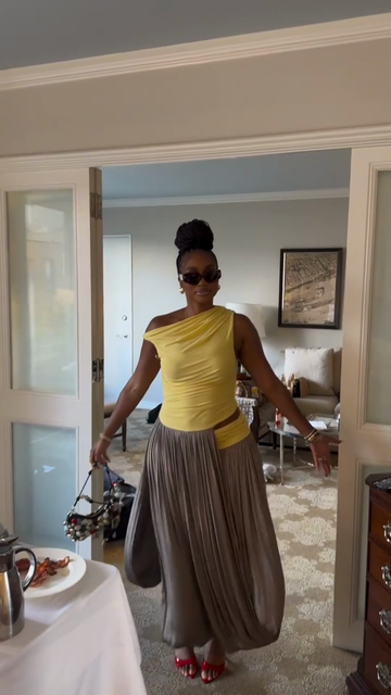 Yellow One - shoulder Top and Pleated Maxi Skirt Set