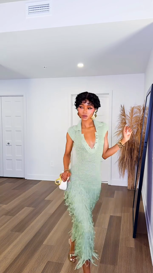 Green Crochet Fringe - Hem Maxi Dress