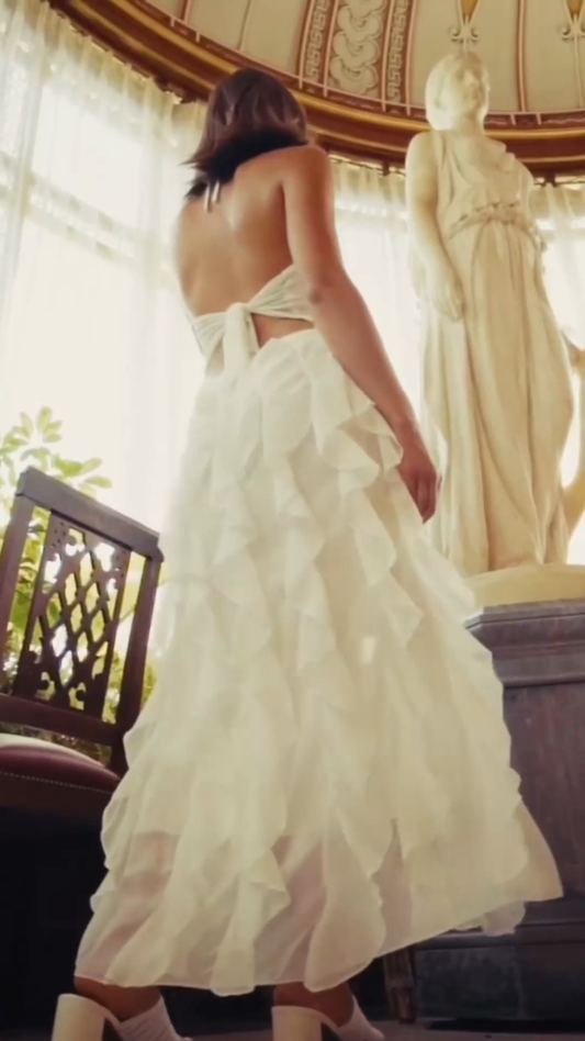 White Asymmetrical Ruffled Halter Mini - Maxi Dress