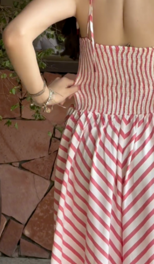 Red and White Striped Smocked Maxi Dress
