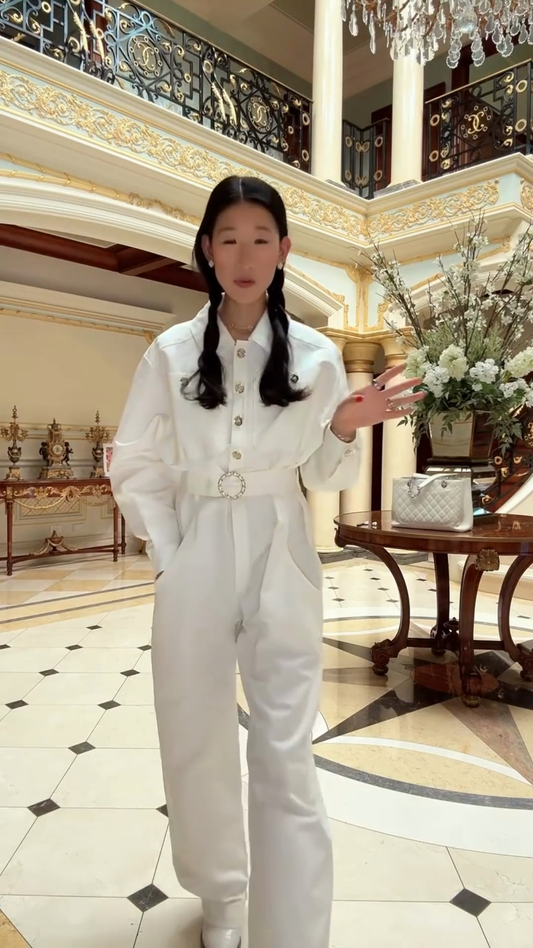 White Belted Long - Sleeve Jumpsuit