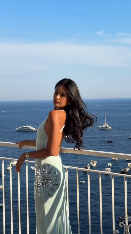 Light - green Deep V - neck Embellished Maxi Dress