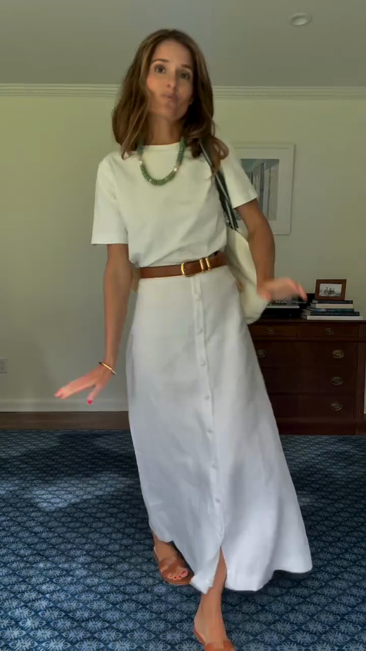 White Short - Sleeve Top and Button - Front Maxi Skirt Set