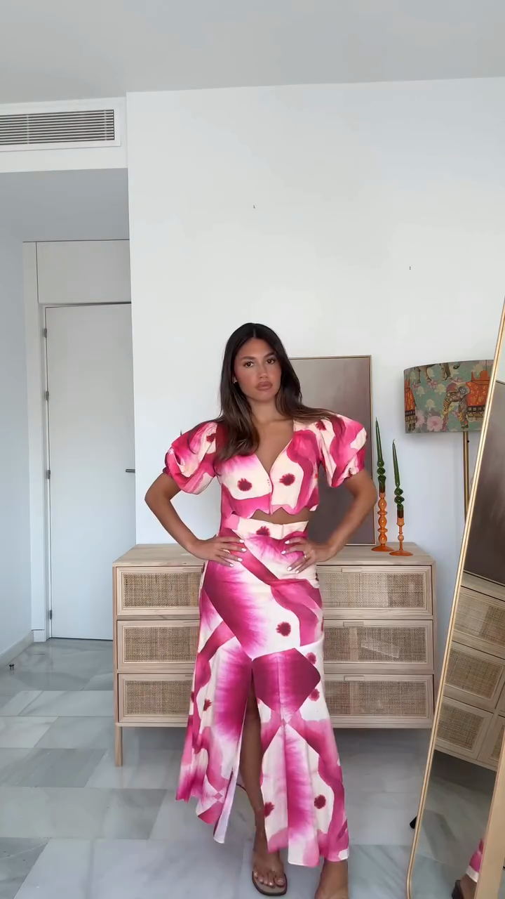 Pink and White Floral Print Two - piece Set