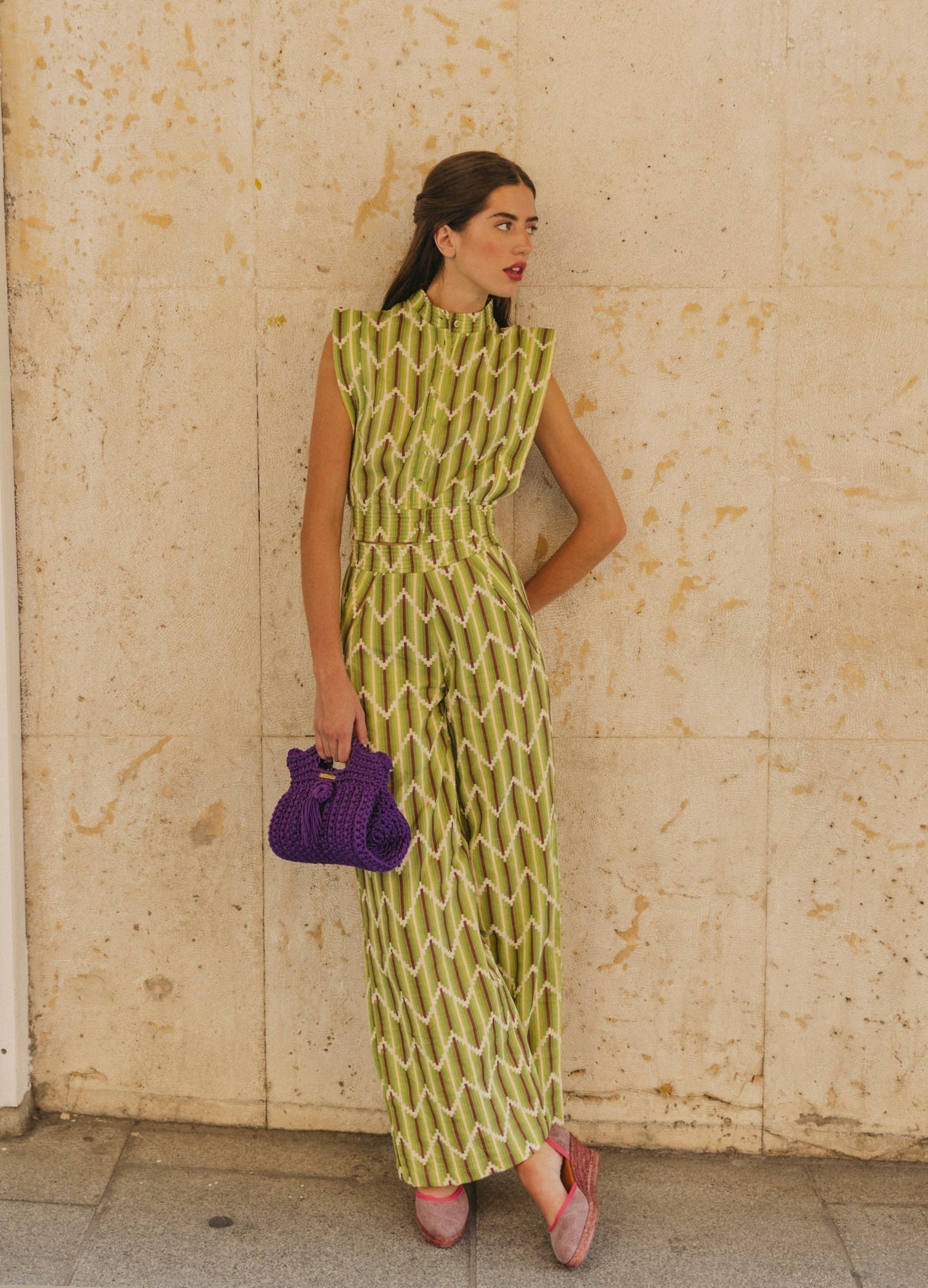 Green Striped Sleeveless Top and Wide - leg Pants Set