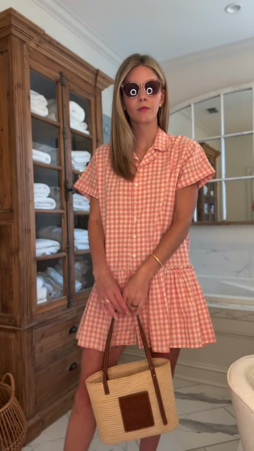 Peach Gingham Shirt Dress with Ruffle Hem