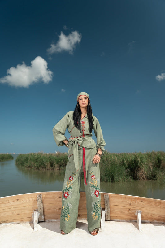 Green Embroidered Linen Co - ord Set