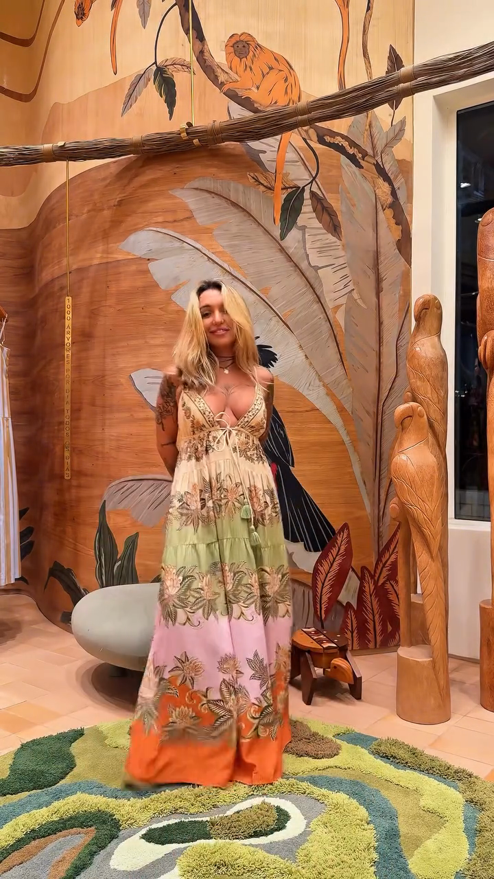 Deep V Neck Colorblock Floral Maxi Dress