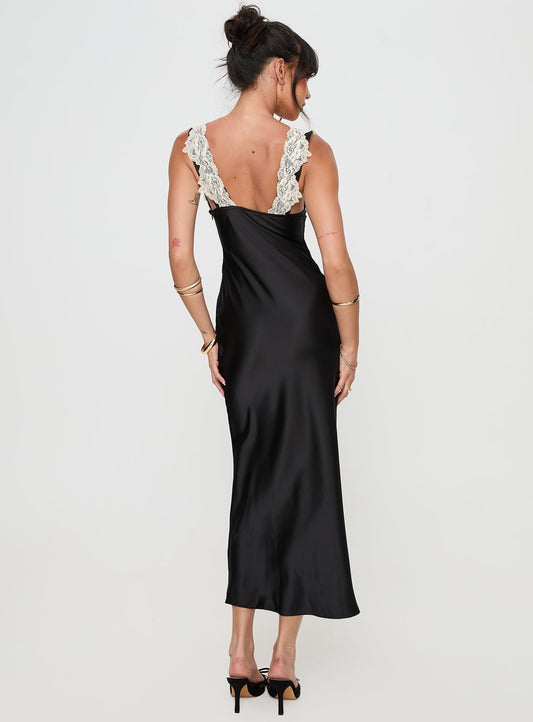 Black Satin Midi Dress with Lace Trim
