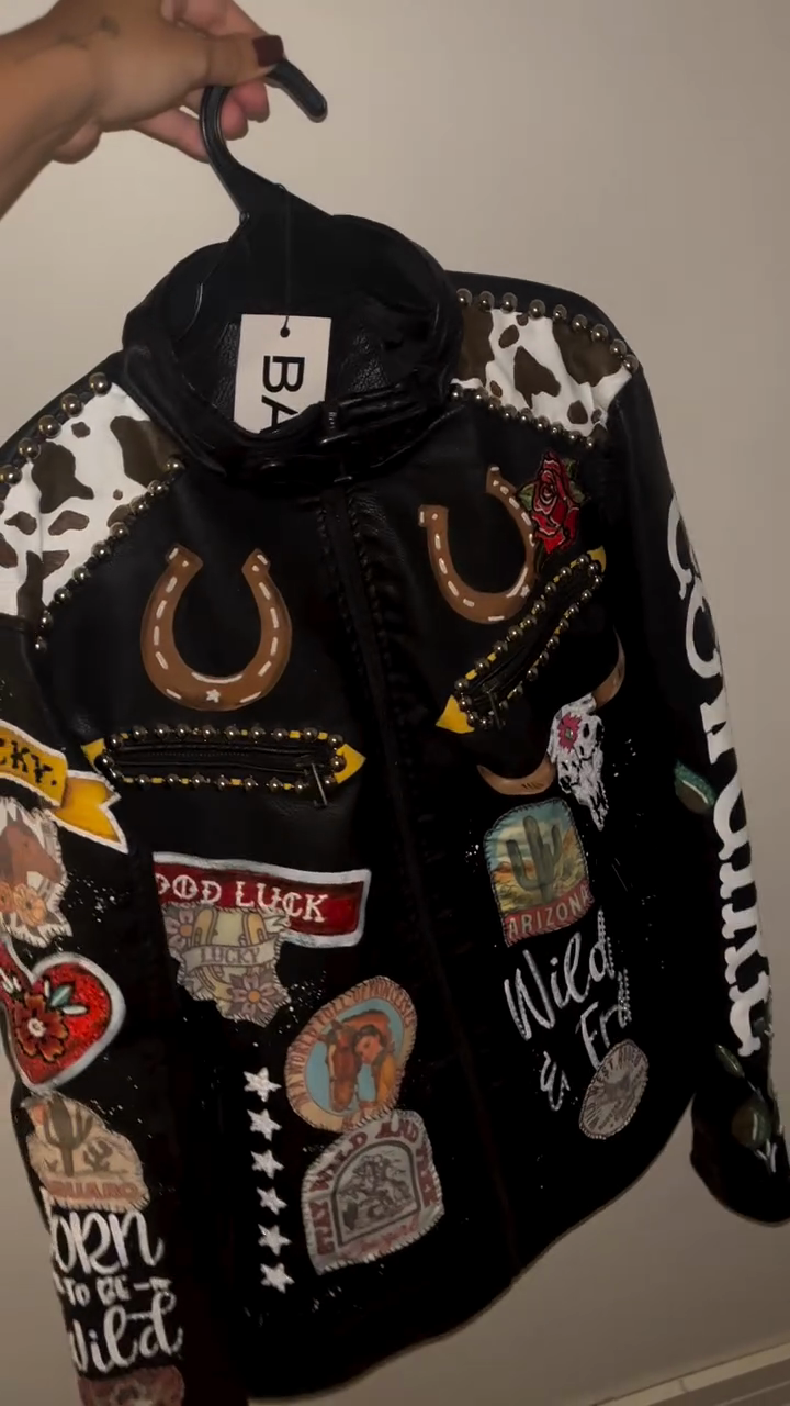 Black Embellished Western - Style Leather Jacket