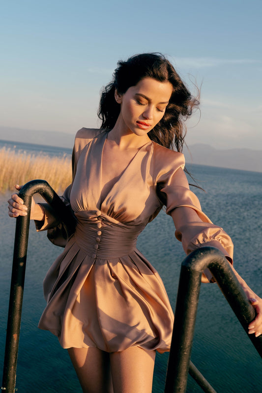 Beige Satin Deep V - Neck Dress