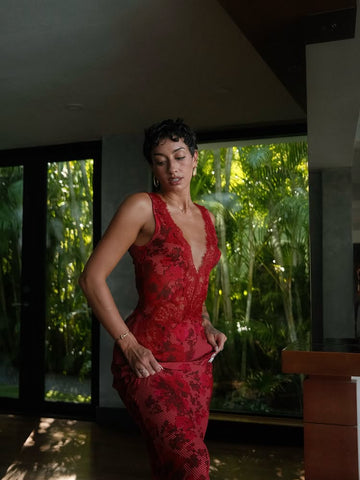 Red Lace Deep - V Maxi Dress