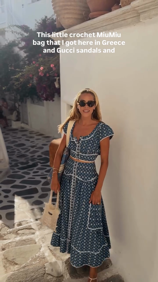 Navy Blue and White Print Crop Top and Maxi Skirt Set