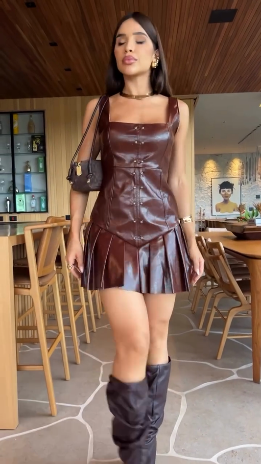 Brown Faux Leather Corset Mini Dress