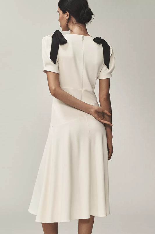 White Puff-Sleeve V-Neck Midi Dress