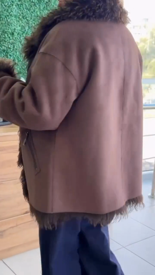 Brown Shearling - Trimmed Double - Breasted Coat