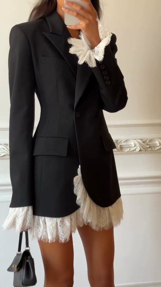 Black Blazer Dress with White Lace Trim