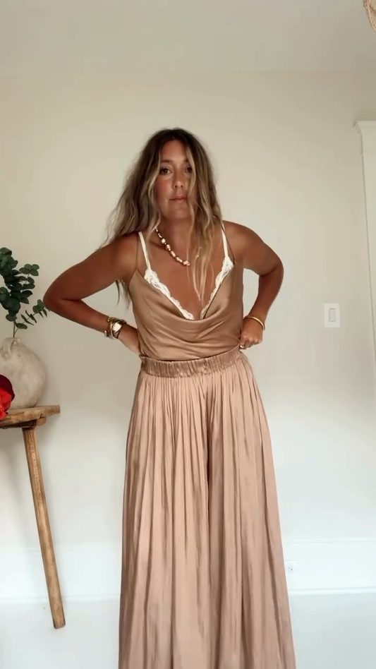 Beige Satin Camisole and Wide - Leg Pants Set