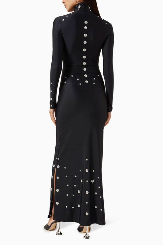 Black Stud - Embellished Long - Sleeve Maxi Dress