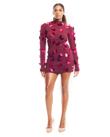 Butterfly Appliqué Long - Sleeve Mini Dress