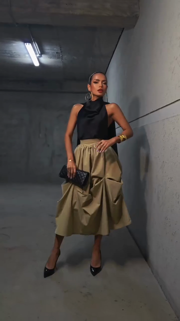 Black Satin Top and Khaki Pleated Midi Skirt Set