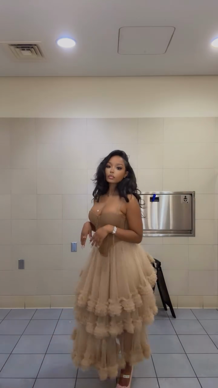 Beige Corset - Top Tiered Tulle Midi Dress