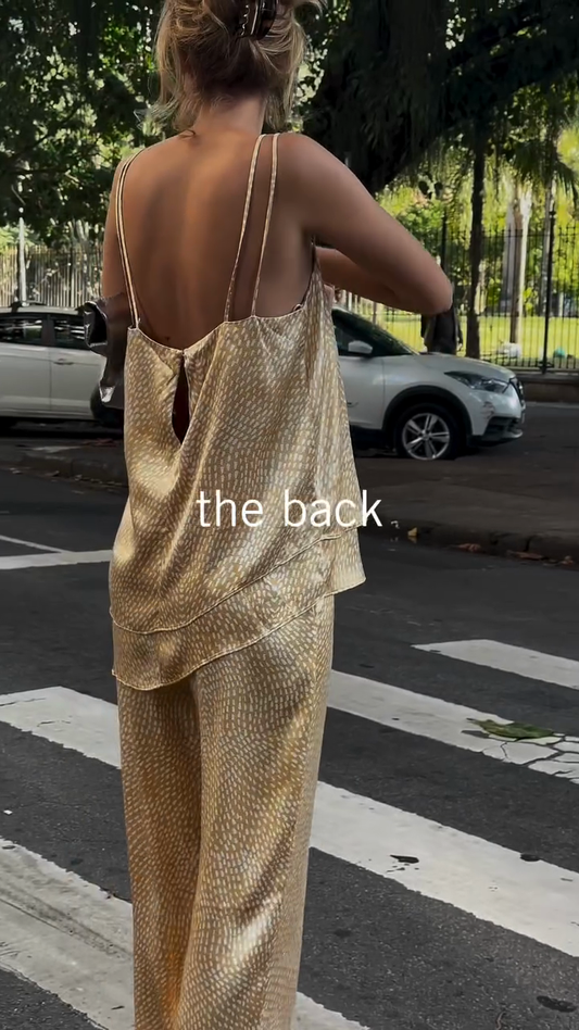 Gold Spaghetti Strap Top and Wide - leg Pants Set