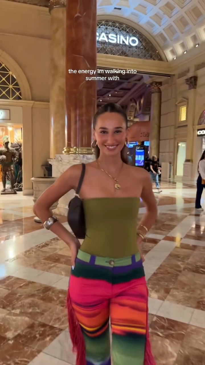 Colorful Striped Fringe Pants & Olive Tube Top Set