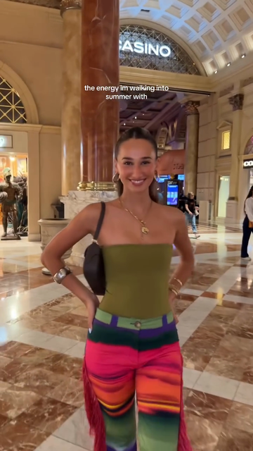 Colorful Striped Fringe Pants & Olive Tube Top Set