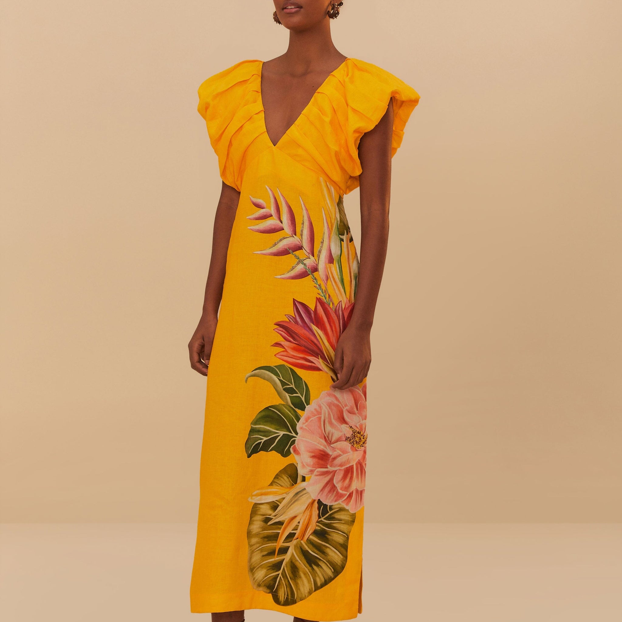 Yellow Floral Print Puff Sleeve Midi Dress