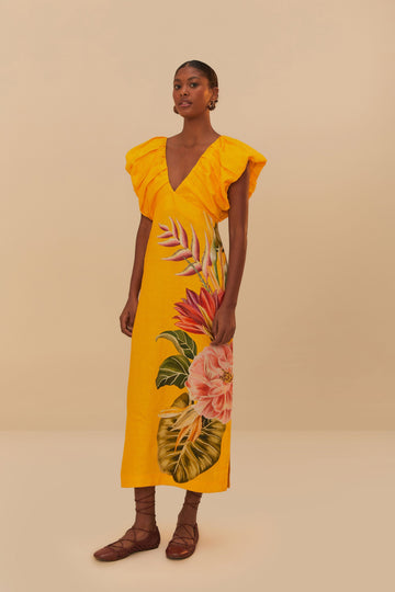 Yellow Floral Print Puff Sleeve Midi Dress