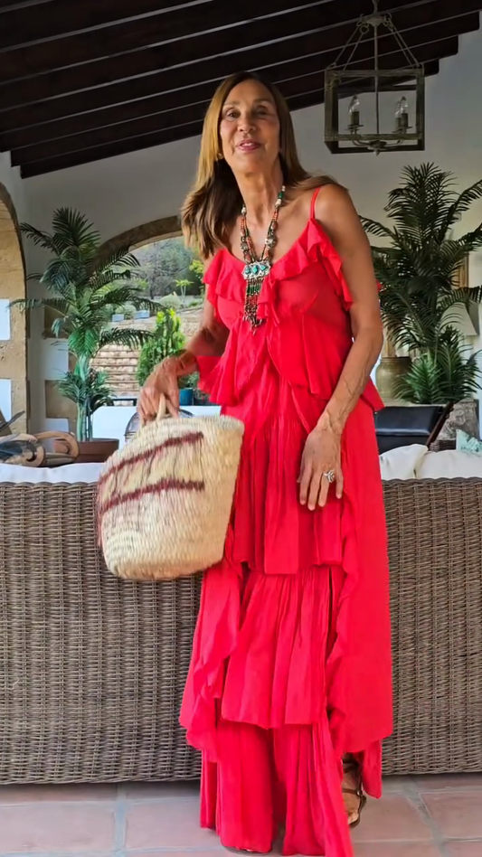 Red Tiered Ruffle Maxi Dress