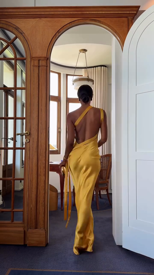 Yellow One - shoulder Satin Maxi Dress