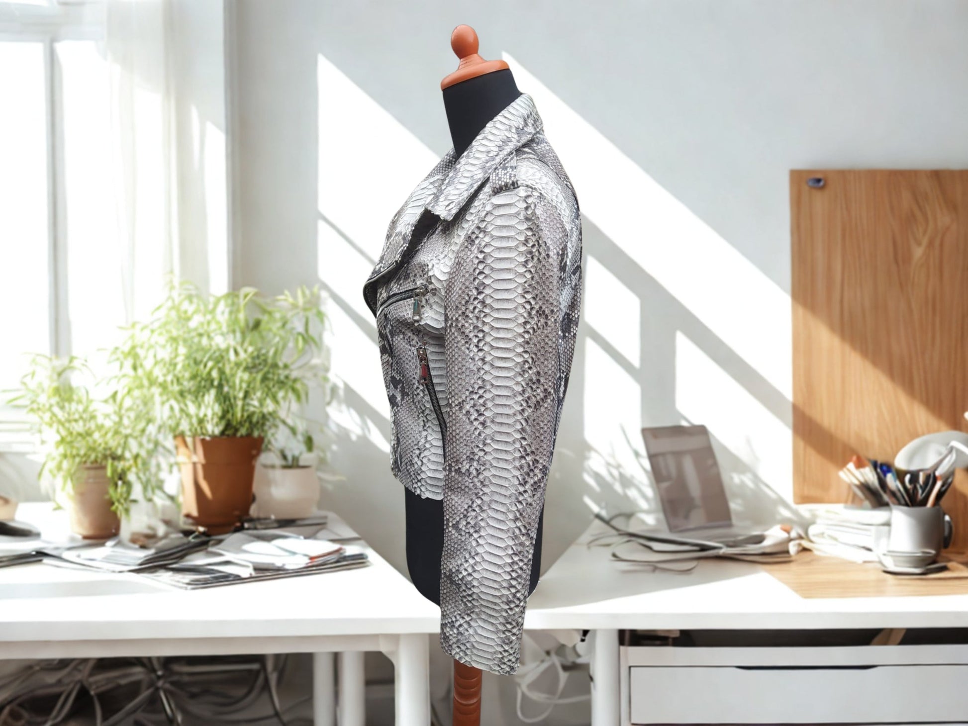 Mannequin wearing a genuine snakeskin patterned outfit in a bright room with plants and a desk.