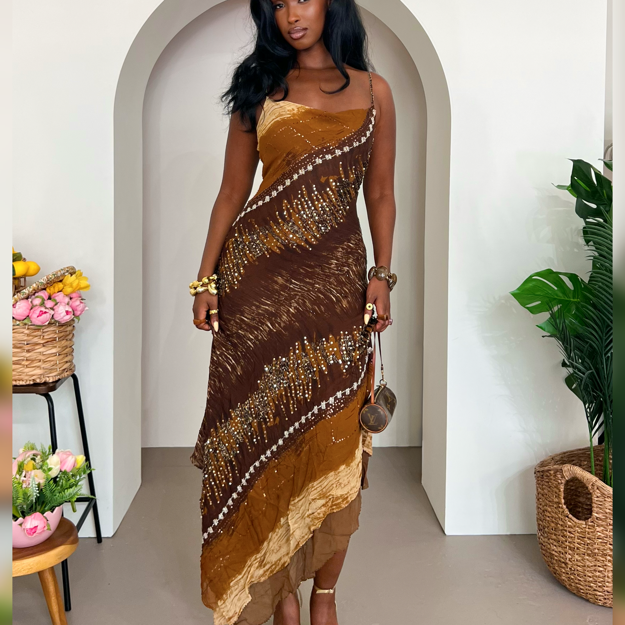 Brown Asymmetric Beaded Maxi Dress