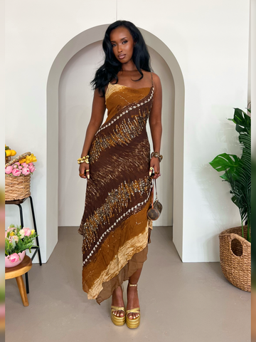 Brown Asymmetric Beaded Maxi Dress