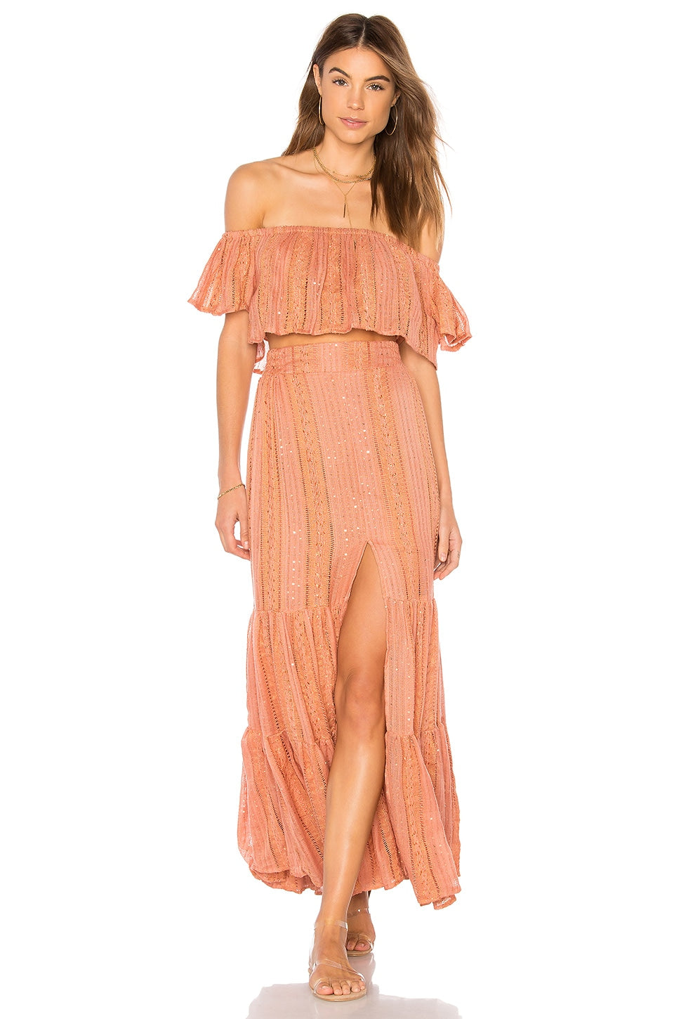 Peach Off - Shoulder Crop Top & Slit Maxi Skirt Set