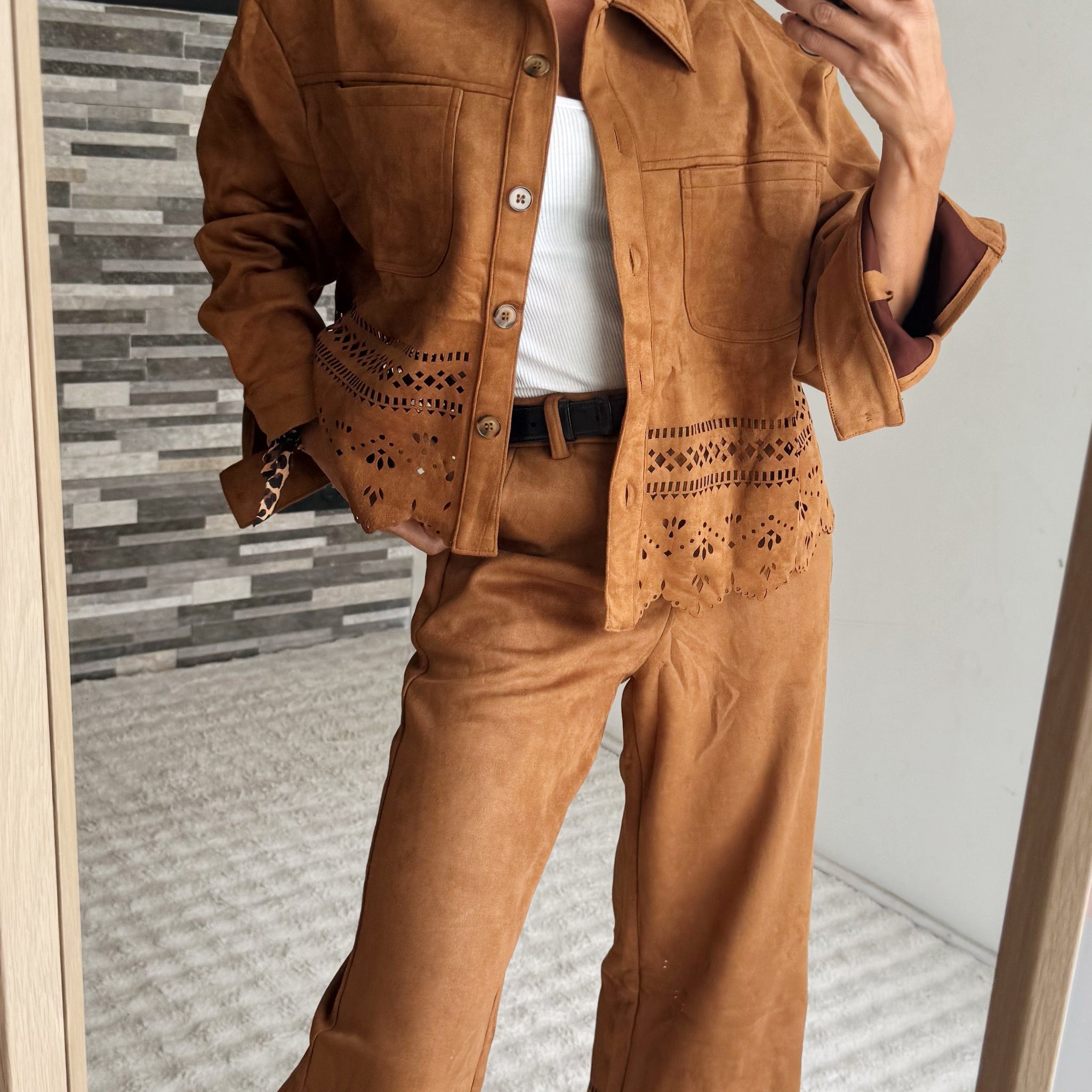 Brown Suede Embroidered Jacket with Matching Pants