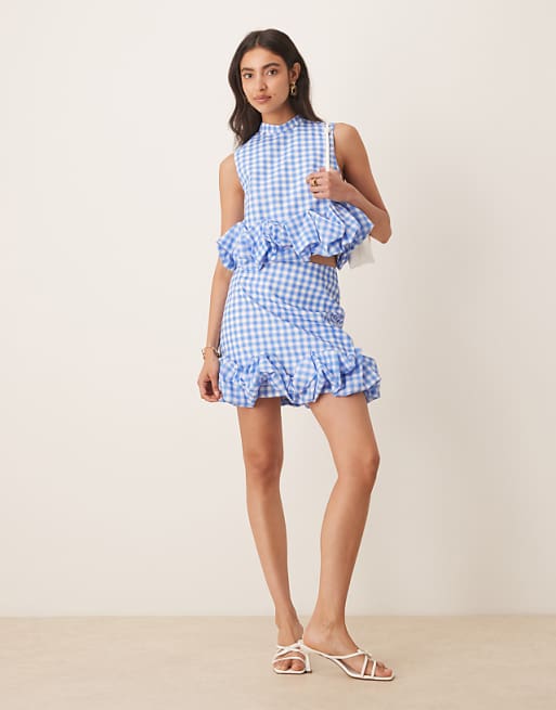 Blue & White Gingham Ruffled Two - Piece Set