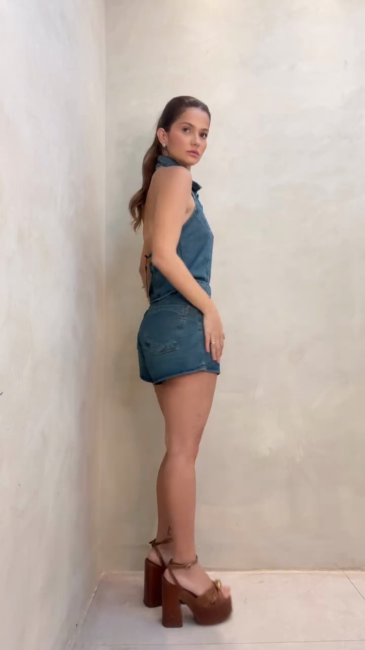 Denim Crop Top and Shorts Set