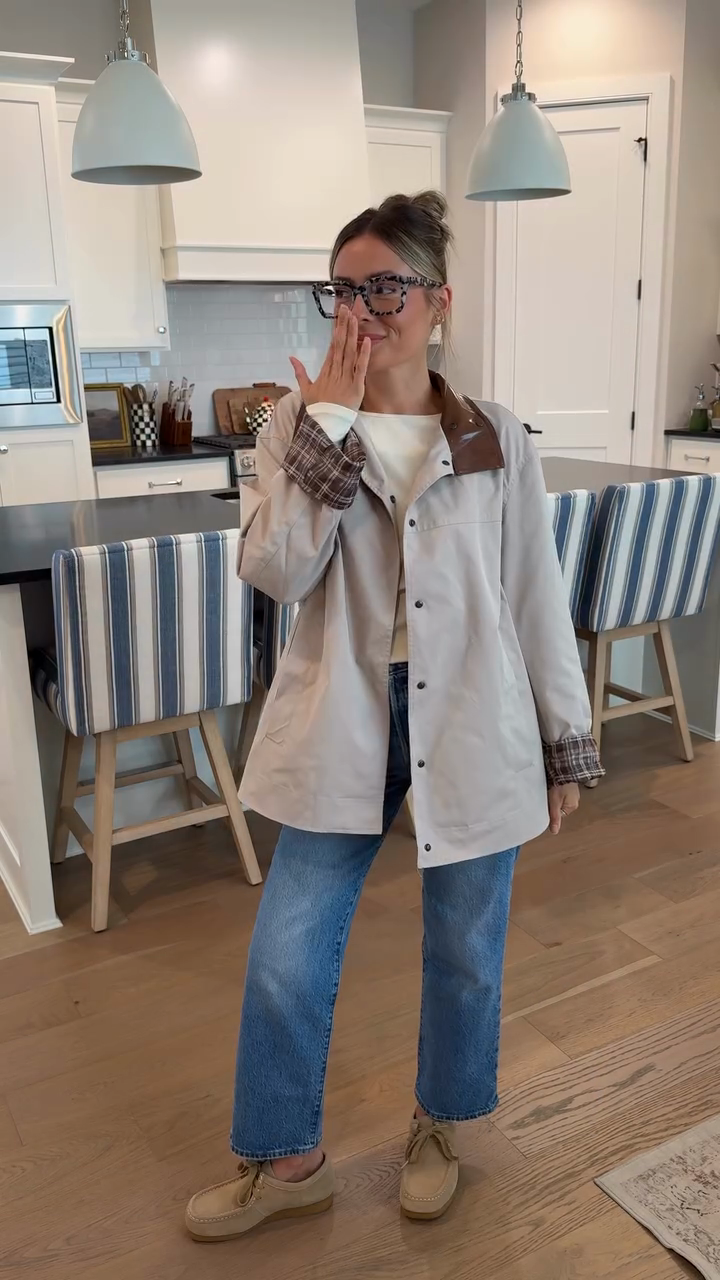 Beige Utility Jacket with Plaid Accents